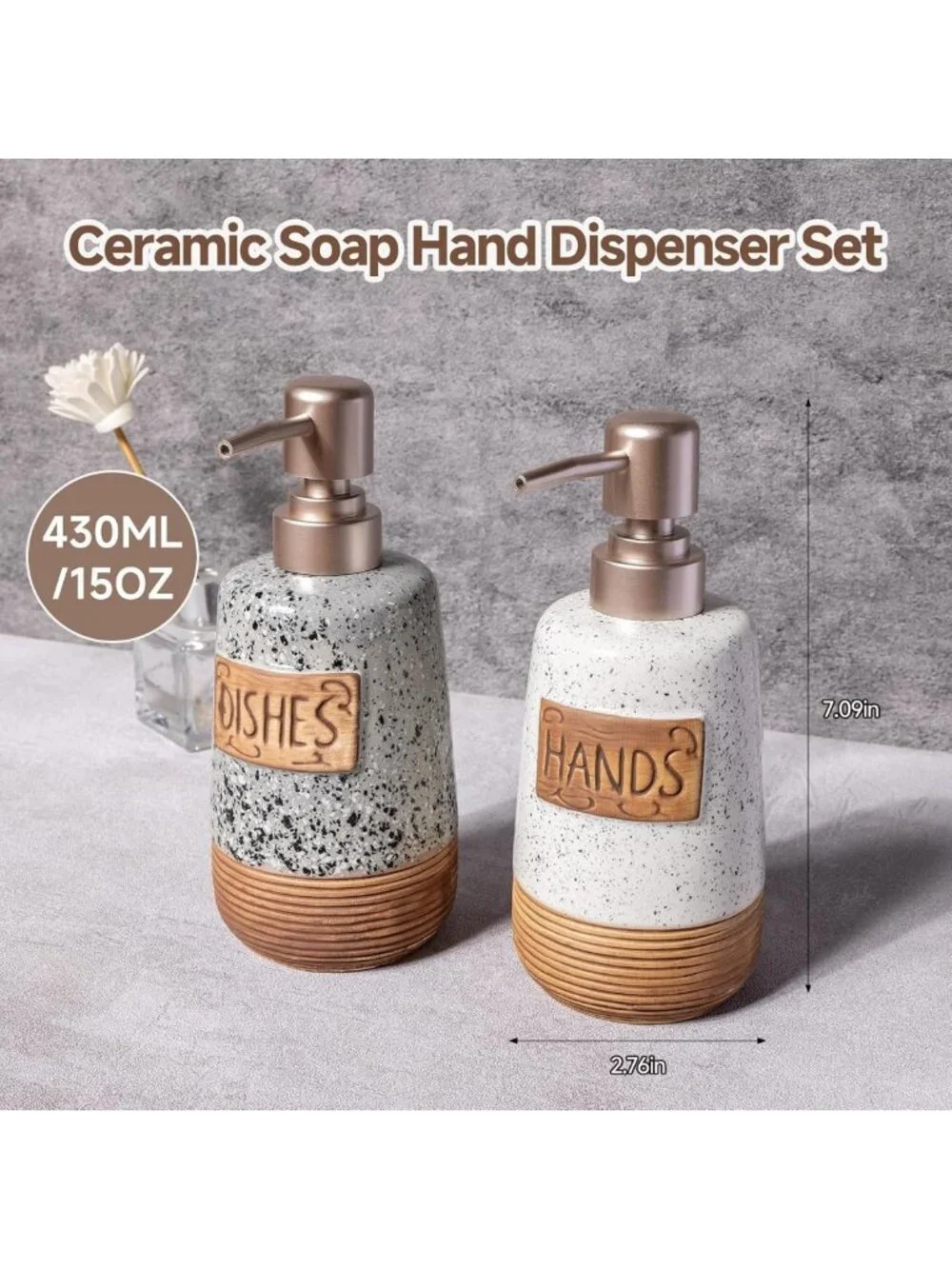 Farmhouse Ceramic Soap Dispenser Set for Kitchen & Bathroom, Vintage 15 OZ Decor